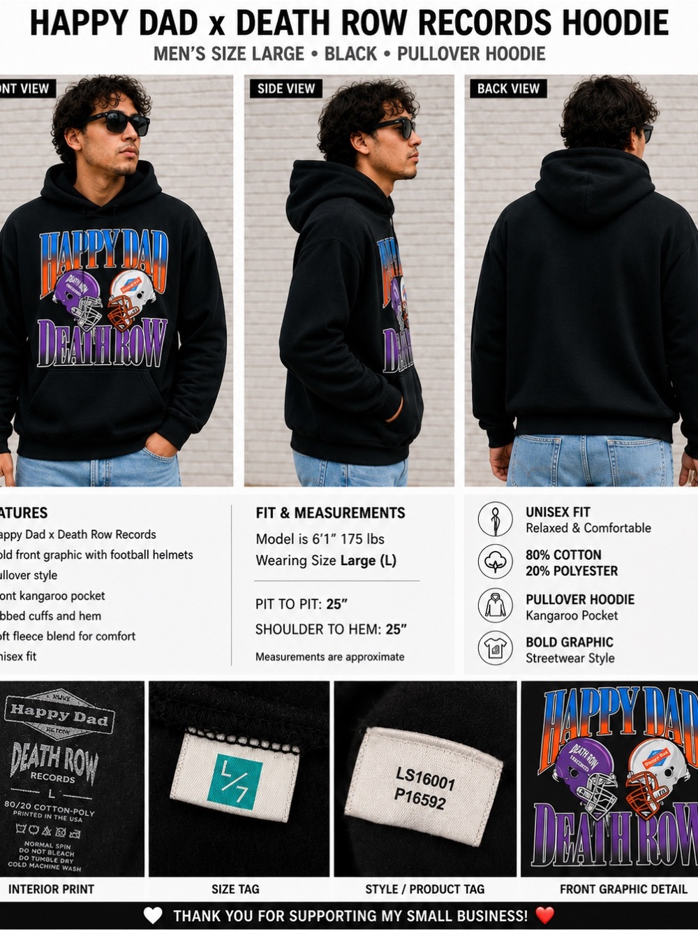 Happy Dad x Death Row Records Death Row Hoodie Black Graphic Pullover Size L